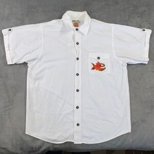 Pirana‎ Joe Button Up Shirt Mens L White Piranha Graphic Harbour Island Bahamas